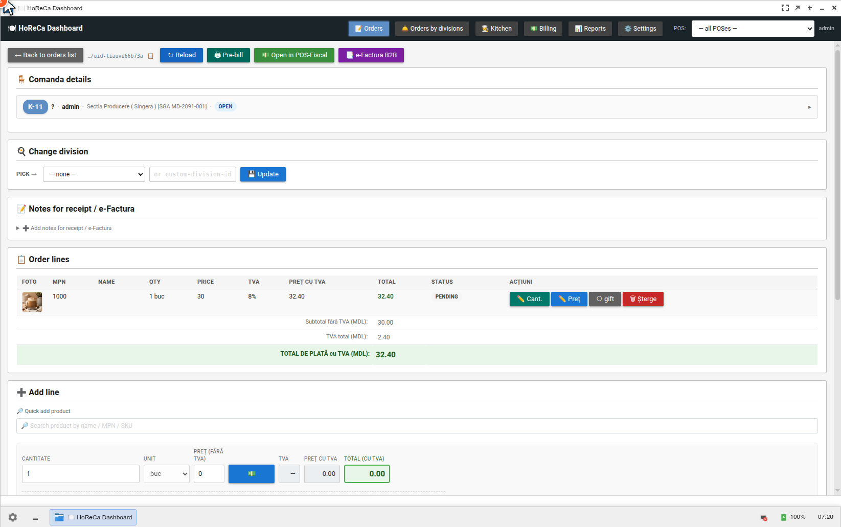 Pas 3 — Navigat la Order View (K-11) — Comanda details, Order lines, Add line — bonul original e implicit acolo (linie cu status PENDING) Pas 3 — Navigat la Order View (K-11) — Comanda details, Order lines, Add line — bonul original e implicit acolo (linie cu status PENDING)