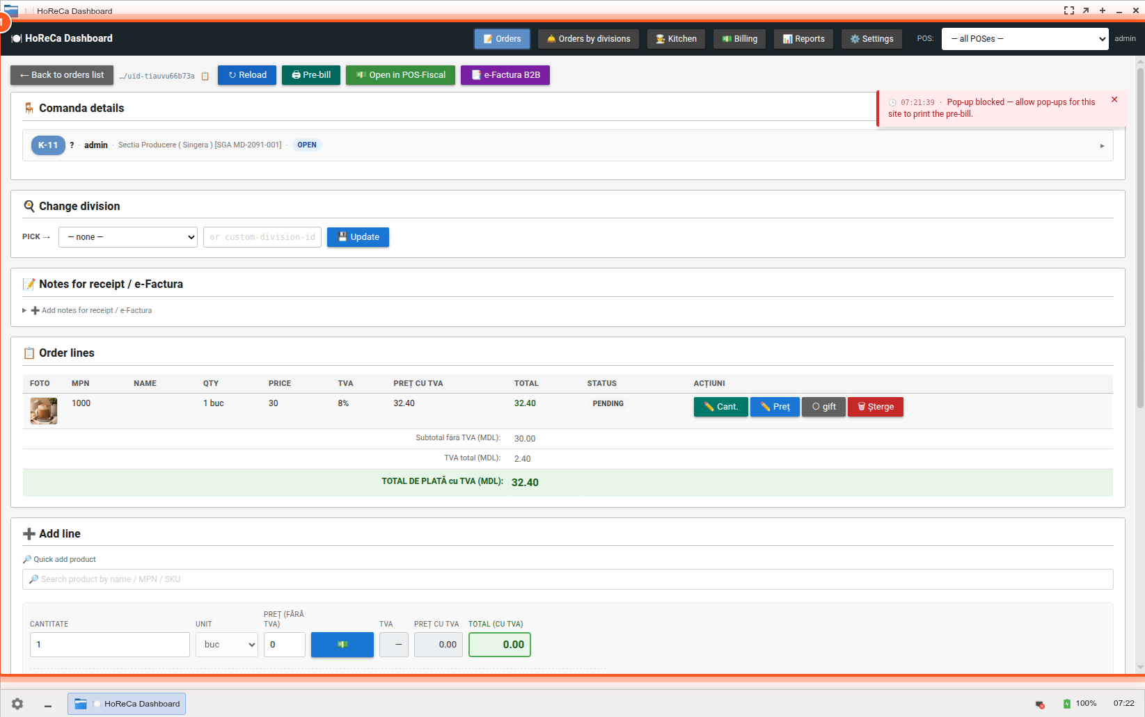 Pas 1 — Order View cu buton Pre-bill vizibil Pas 1 — Order View cu buton Pre-bill vizibil