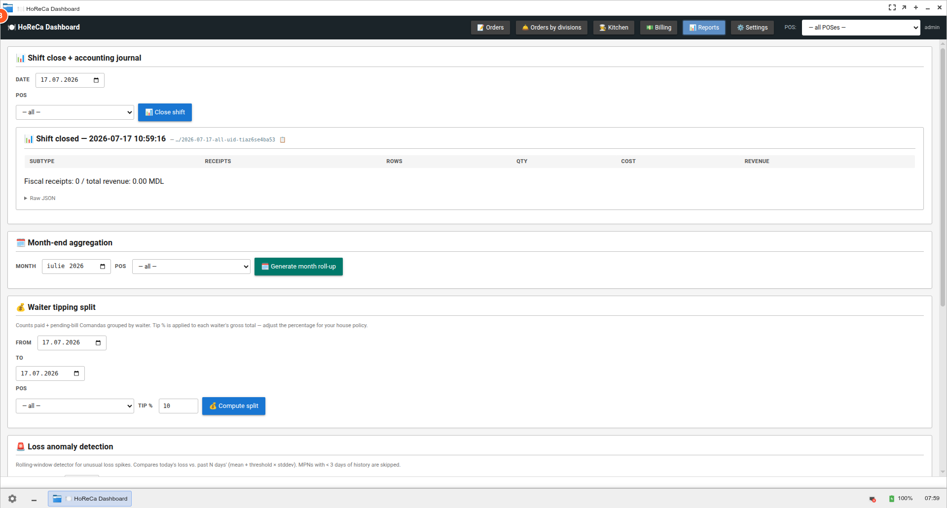 Pas 2 — Shift închis: header cu timestamp + folder-id, tabel agregări per subtype, "Fiscal receipts: 0 / total revenue: 0.00 MDL" Pas 2 — Shift închis: header cu timestamp + folder-id, tabel agregări per subtype, "Fiscal receipts: 0 / total revenue: 0.00 MDL"