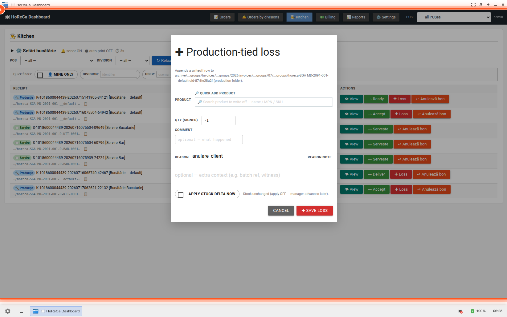 Pas 3 — Dialog Production-tied loss cu PRODUCT / QTY (SIGNED) / COMMENT / REASON (dropdown cu motivele configurate în POS) / APPLY STOCK DELTA NOW checkbox / SAVE LOSS button Pas 3 — Dialog Production-tied loss cu PRODUCT / QTY (SIGNED) / COMMENT / REASON (dropdown cu motivele configurate în POS) / APPLY STOCK DELTA NOW checkbox / SAVE LOSS button