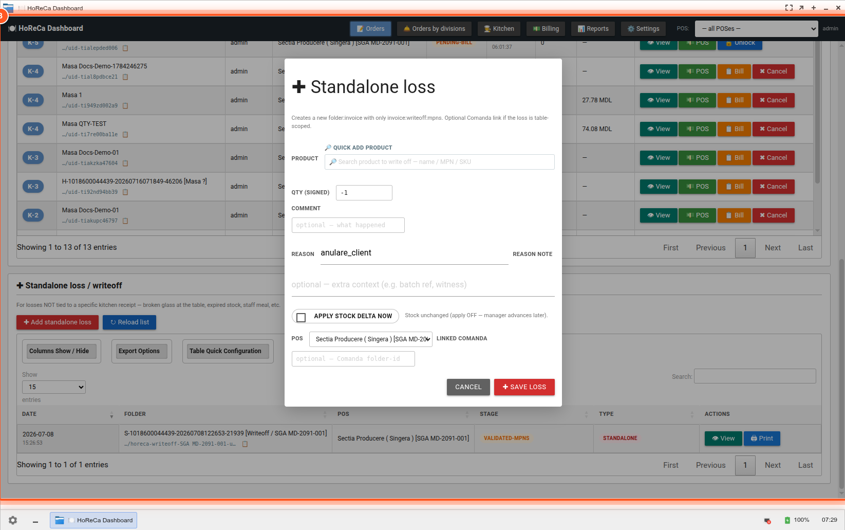 Pas 2 — Dialog Standalone loss cu PRODUCT search, QTY SIGNED (default -1), COMMENT, REASON (dropdown cu motivele configurate: anulare_client, autoconsum_personal, spart, expirat, etc.), APPLY STOCK DELTA NOW checkbox, POS selector, LINKED COMANDA optional Pas 2 — Dialog Standalone loss cu PRODUCT search, QTY SIGNED (default -1), COMMENT, REASON (dropdown cu motivele configurate: anulare_client, autoconsum_personal, spart, expirat, etc.), APPLY STOCK DELTA NOW checkbox, POS selector, LINKED COMANDA optional