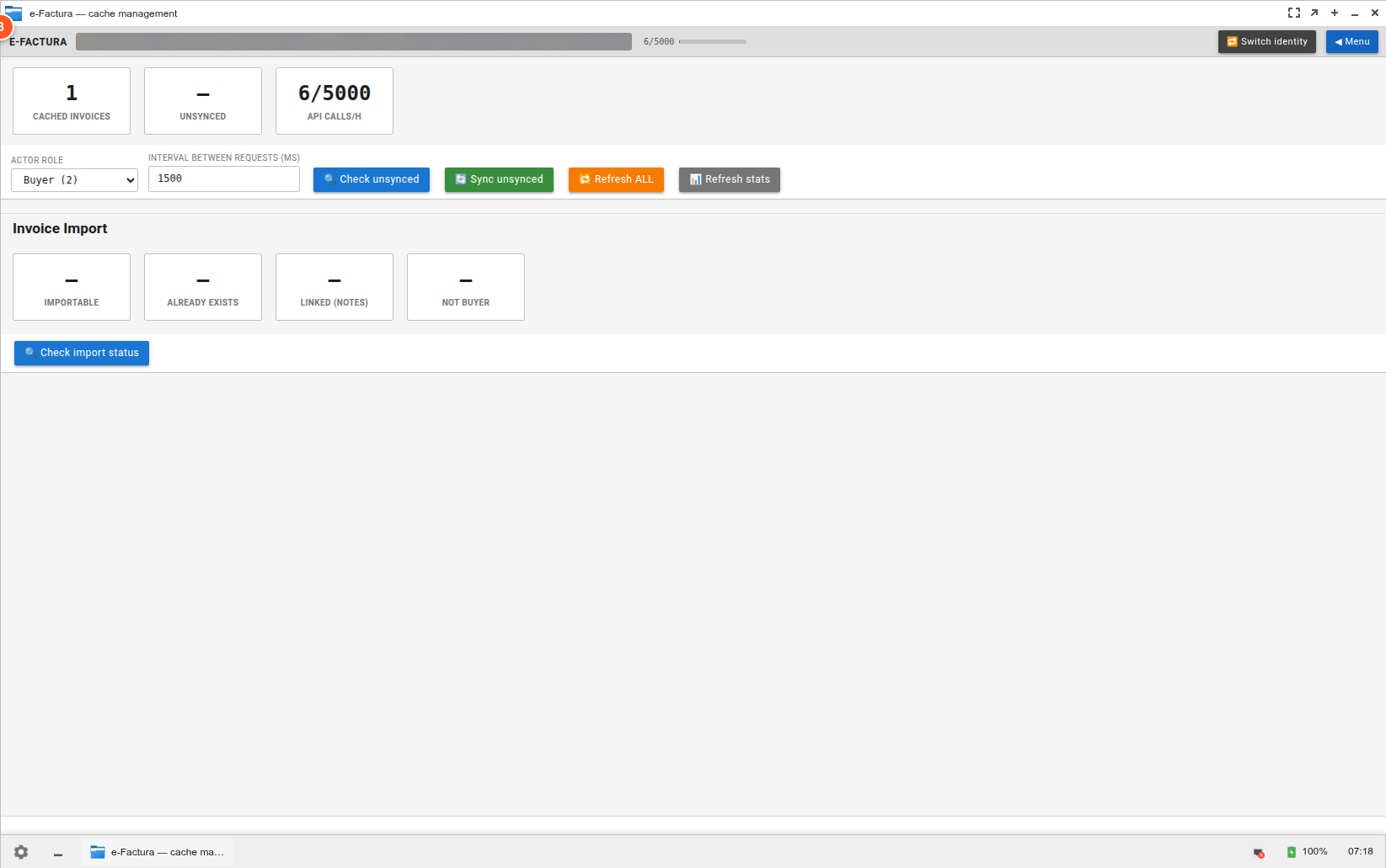 Pas 2 — Cache view populat cu stats reale (1 cached, 0 unsynced, 6/5000 API calls, Buyer role) Pas 2 — Cache view populat cu stats reale (1 cached, 0 unsynced, 6/5000 API calls, Buyer role)