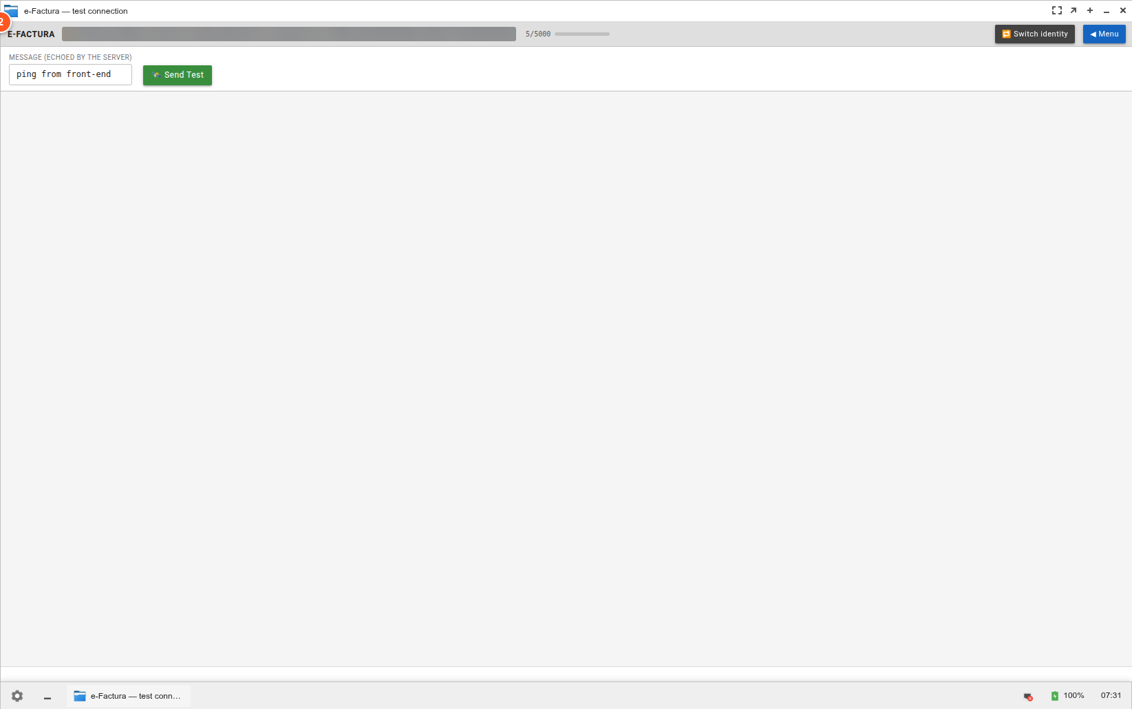 Pas 2 — Test connection view: MESSAGE input cu default "ping from front-end" + buton Send Test Pas 2 — Test connection view: MESSAGE input cu default "ping from front-end" + buton Send Test