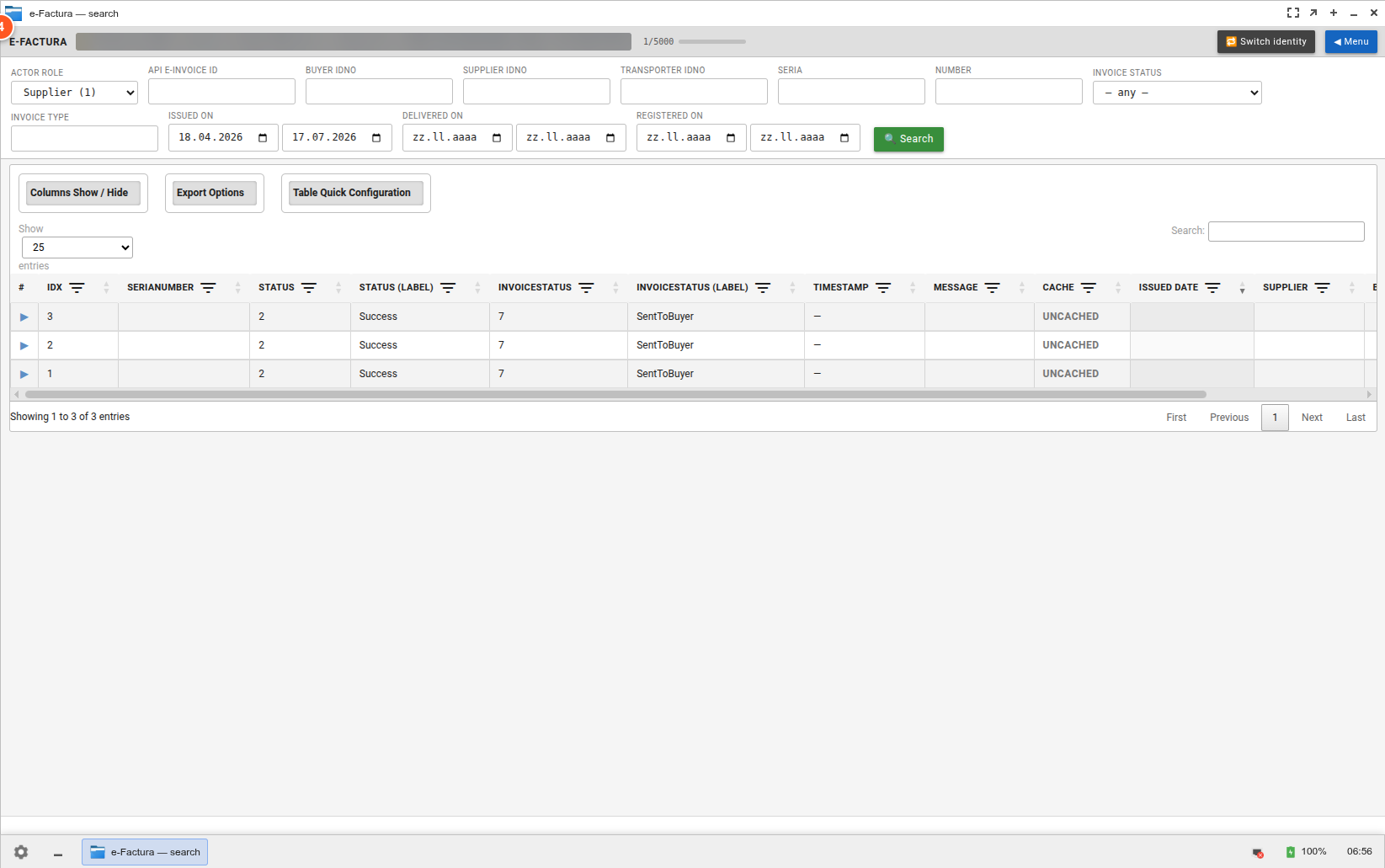 Pas 4 — Rezultate: 3 invoice-uri returnate (IDX 1-3, Status Success, InvoiceStatus SentToBuyer, Cache UNCACHED) Pas 4 — Rezultate: 3 invoice-uri returnate (IDX 1-3, Status Success, InvoiceStatus SentToBuyer, Cache UNCACHED)