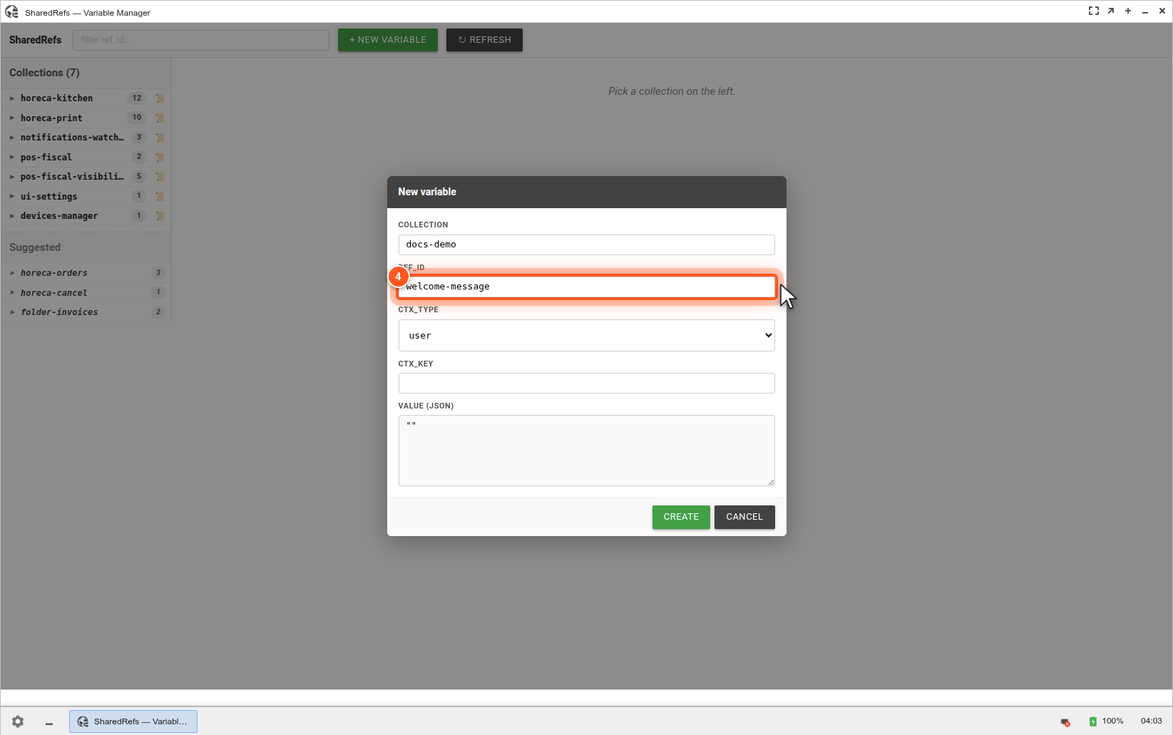 Pas 4 — ref_id completat (ex: <code>welcome-message</code>) Pas 4 — ref_id completat (ex: <code>welcome-message</code>)