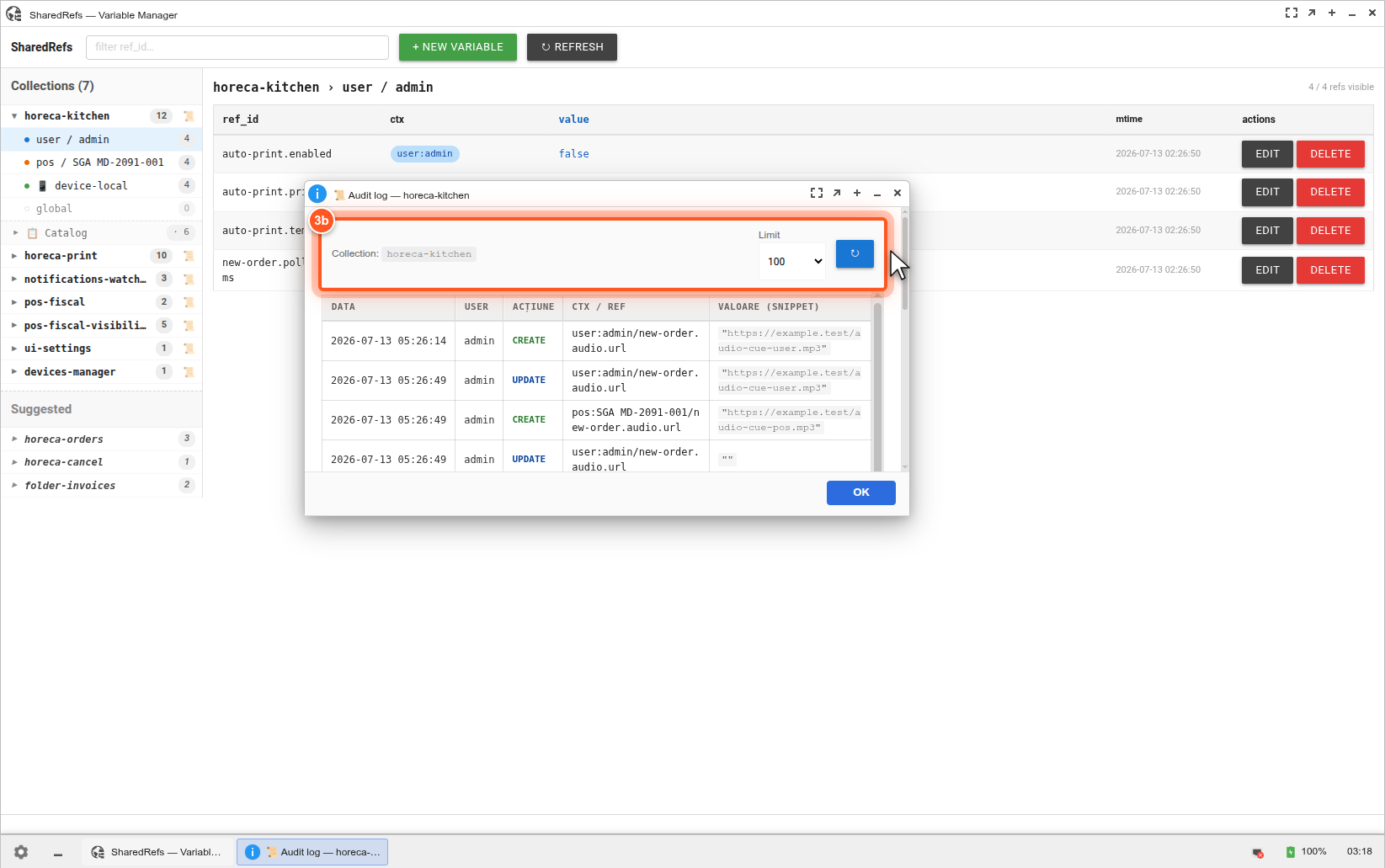 Dialog audit-log deschis Dialog audit-log deschis